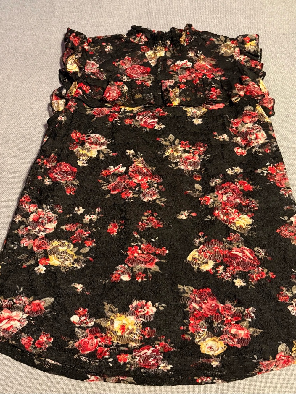 Almost Famous Black Lace Blouse with Red & Yellow Floral Print